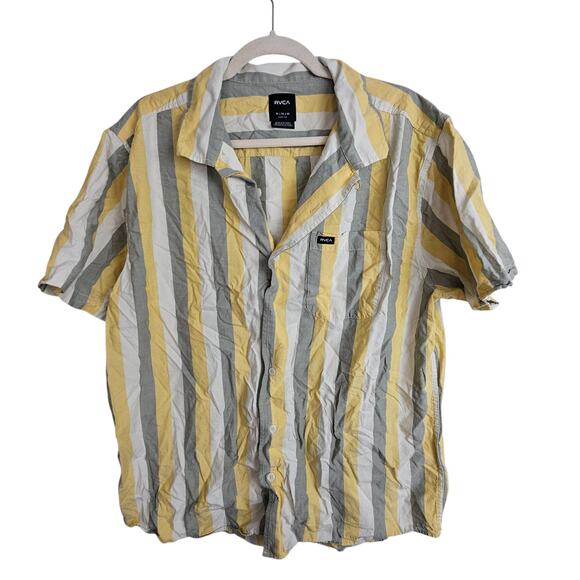 RVCA Shirt RVCA Button Up Short Sleeve Button Up Button Down Shirt Men L Yellow - Picture 1 of 8
